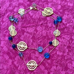 Anne Klein Couture Elegant Blue glass and gold Necklace 48”